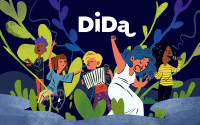 DiDa-festivaalin kuvituskuva, jossa piirrettyjä hahmoja jammailemassa